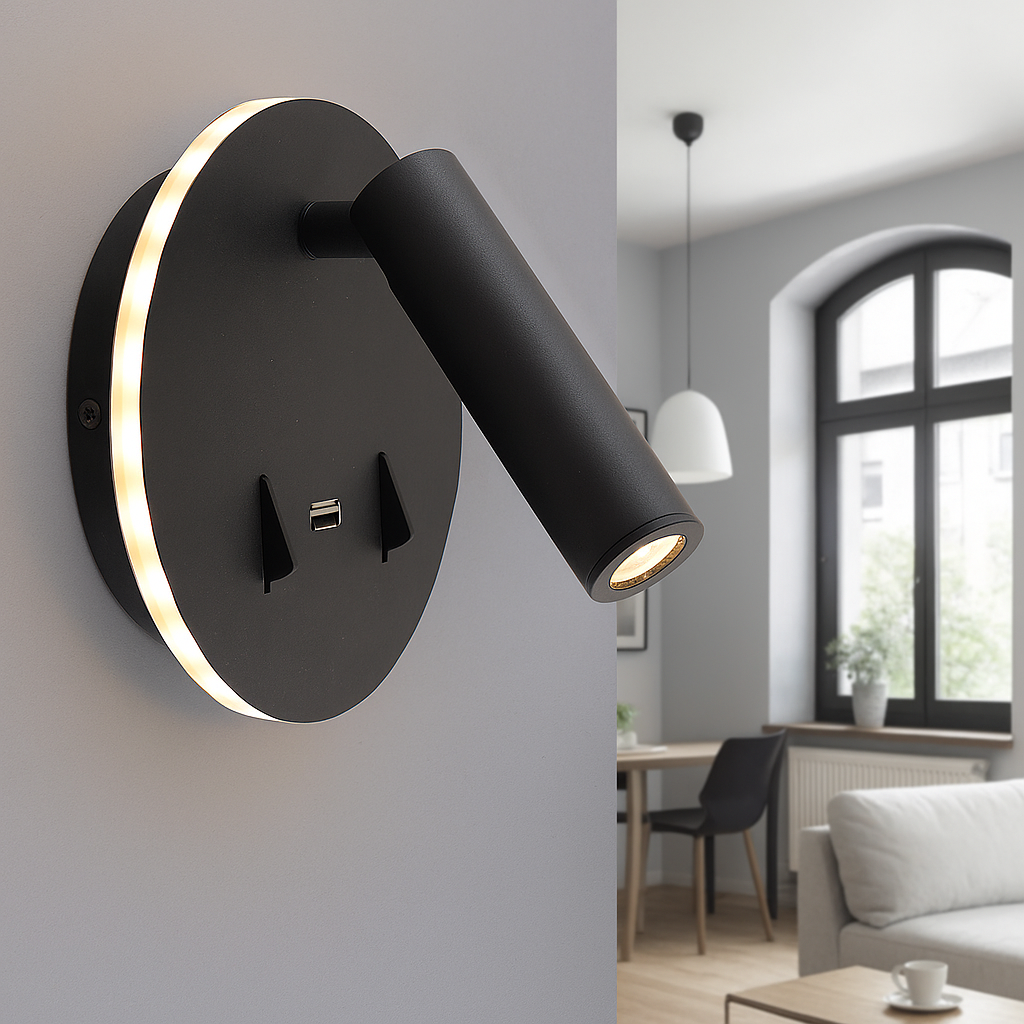 Modern væglampe sort, Alec, 9W, 3000K LED, med brytare