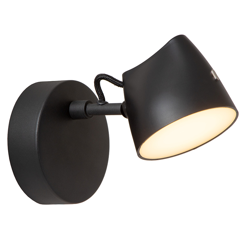 Sort væglampe rustik, Milne, 6W, 2700K LED, med beröringsdimmer