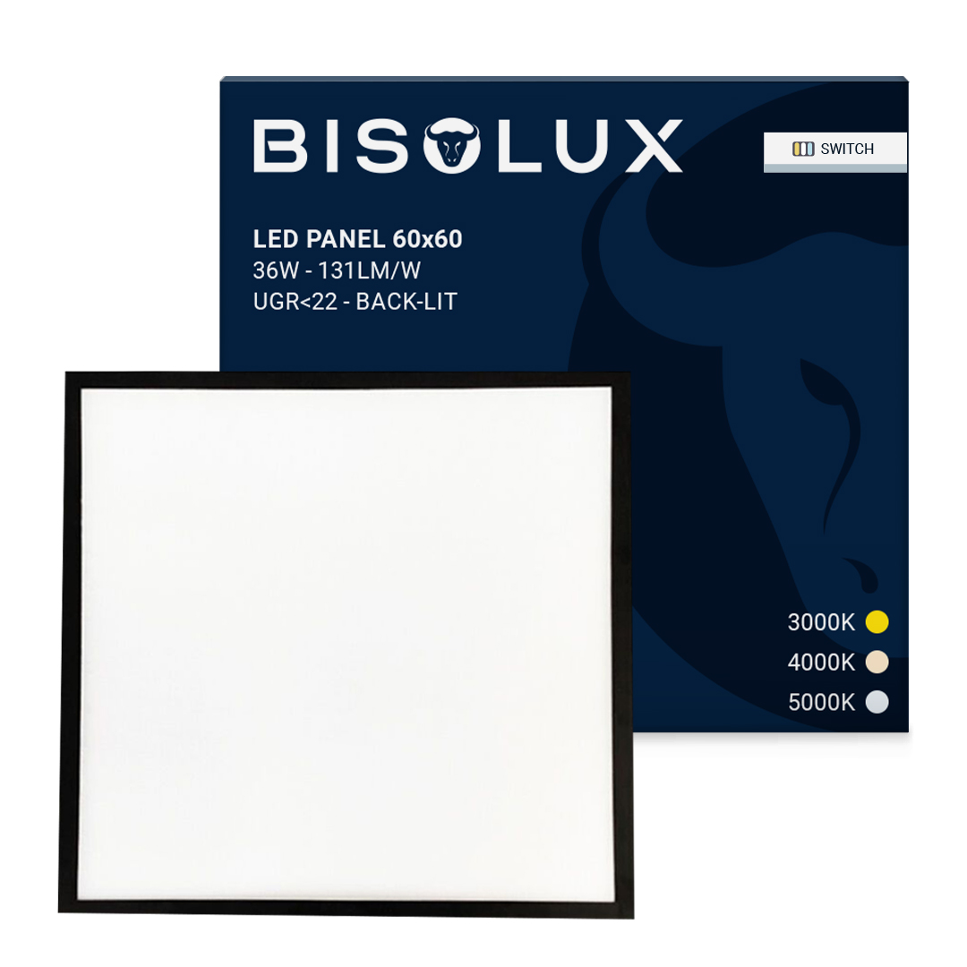 Sort LED-panel 60x60 - 125 lm/W - UGR<22 - justerbar hvid - baggrundsbelyst