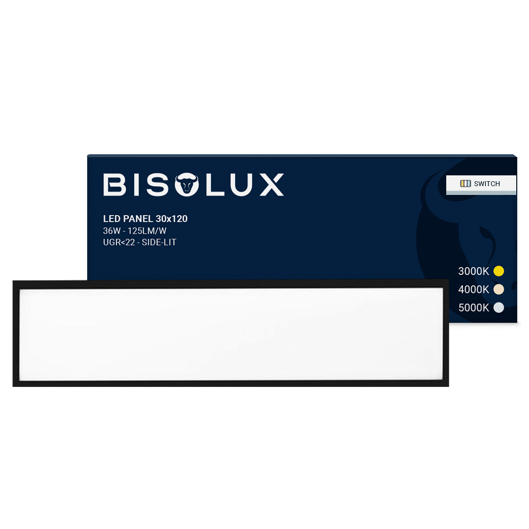 Sort LED panel 30x120 - 125 lm/W - UGR<22 - justerbar hvid - sidebelyst