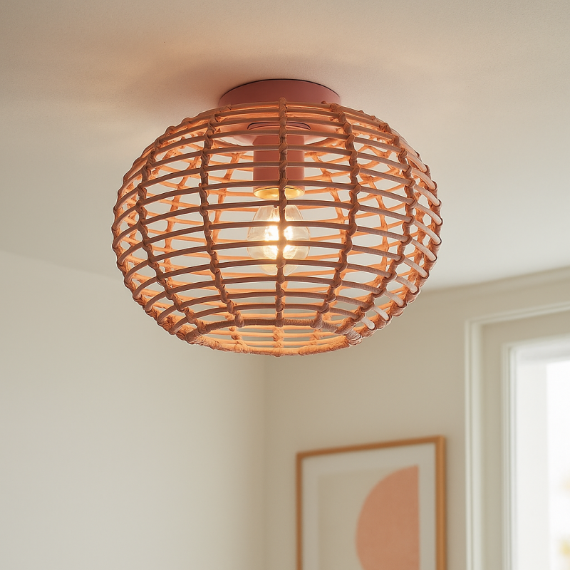 Rattan loftlampe lyserød, Roza