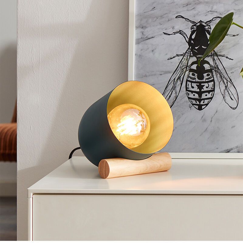Træ bordlampe blå, Riaz, med brytare