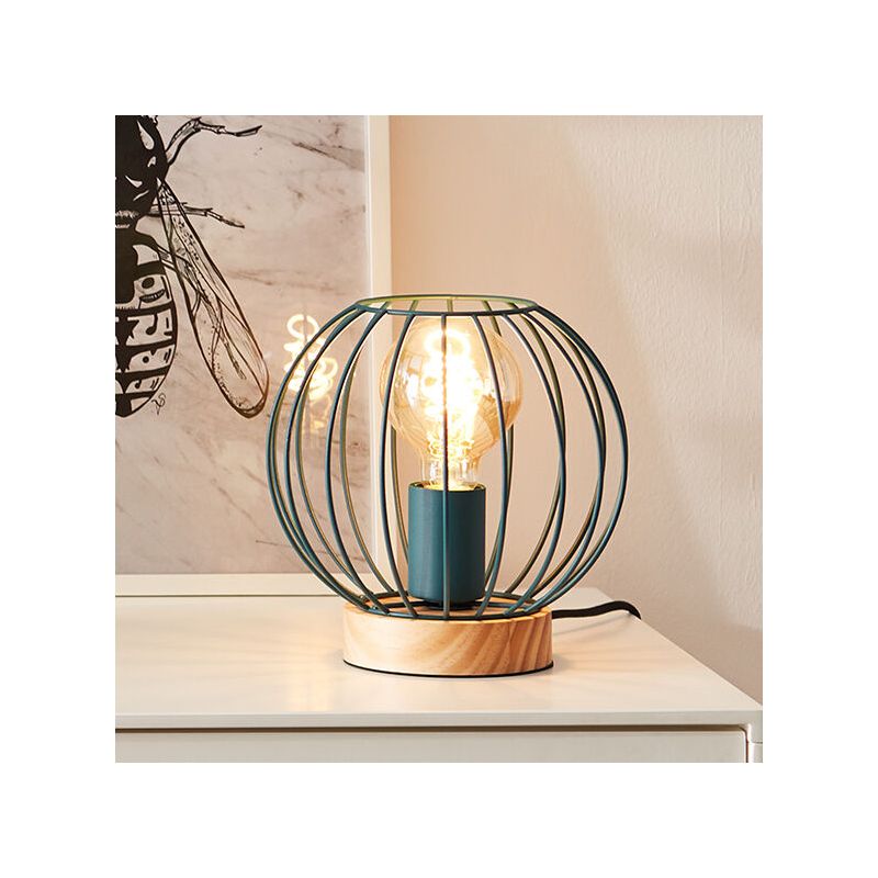 Træ bordlampe blå, Donato, med brytare Træ bordlampe blå, Donato, med brytare