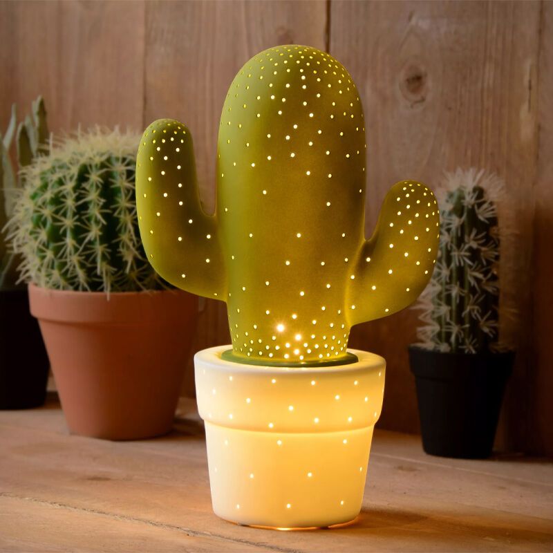 Keramik bordlampe grøn, Cactus, med brytare