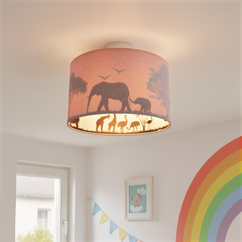 Stof loftlampe til børneværelse lyserød, Safari