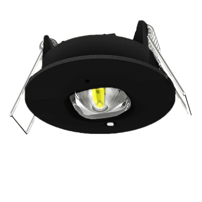 Sort nødbelysning indbygningsspot, 1W, 6000K LED, IP22