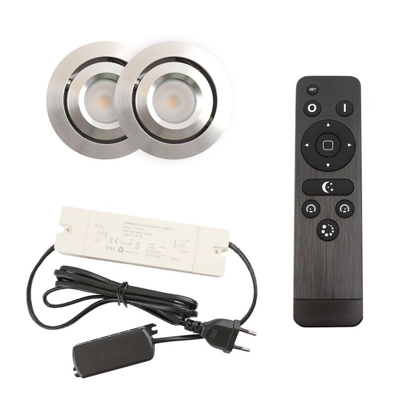 2 kipbar spots til udhæng Rona, IP44, med tilslutningssæt og fjernbetjening, krom