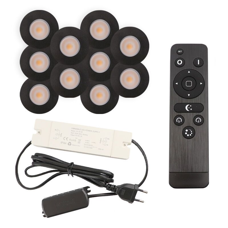 10 sorte spot til udhæng Dico, IP65 med tilslutningssæt og fjernbetjening