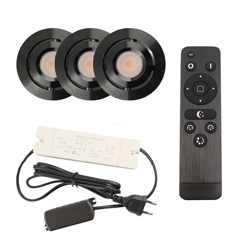 3 kipbar spots til udhæng Rona, IP44, med tilslutningssæt og fjernbetjening, sort