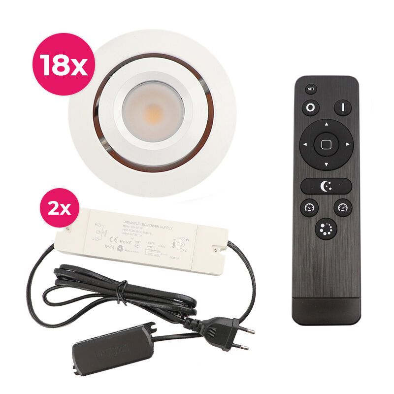 18 kipbar spots til udhæng Rona, IP44, med tilslutningssæt og fjernbetjening, hvid 18 kipbar spots til udhæng Rona, IP44, med tilslutningssæt og fjernbetjening, hvid