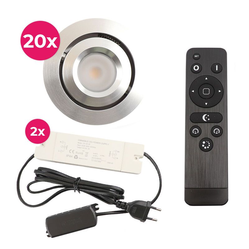 20 kipbar spots til udhæng Rona, IP44, med tilslutningssæt og fjernbetjening, krom 20 kipbar spots til udhæng Rona, IP44, med tilslutningssæt og fjernbetjening, krom