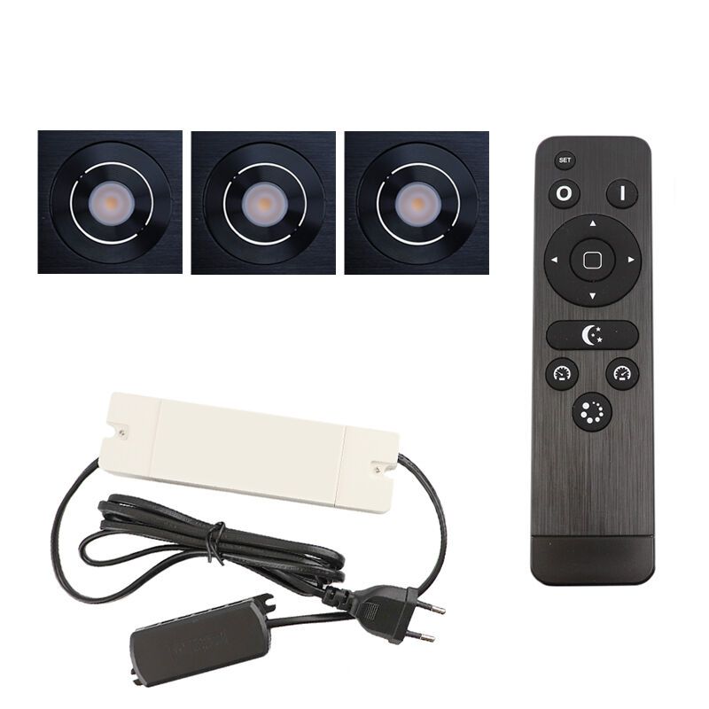 3 kipbar spots til udhæng Rona firkant, IP44, med tilslutningssæt og fjernbetjening, sort