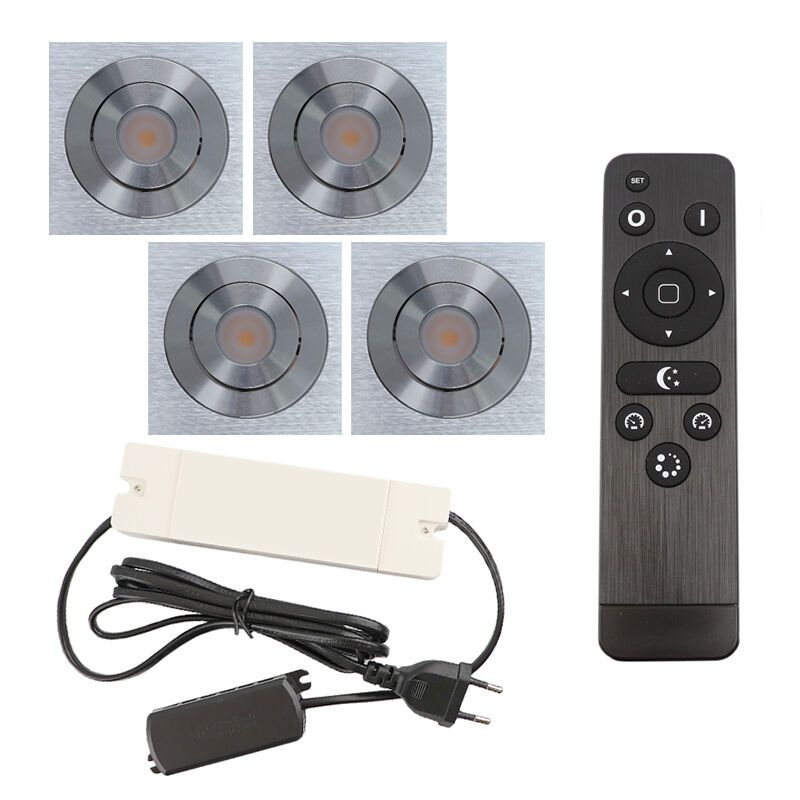 4 kipbar spots til udhæng Rona firkant, IP44, med tilslutningssæt og fjernbetjening, krom