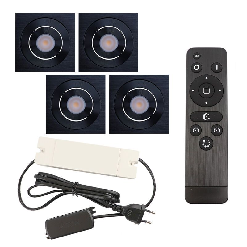 4 kipbar spots til udhæng Rona firkant, IP44, med tilslutningssæt og fjernbetjening, sort 4 kipbar spots til udhæng Rona firkant, IP44, med tilslutningssæt og fjernbetjening, sort