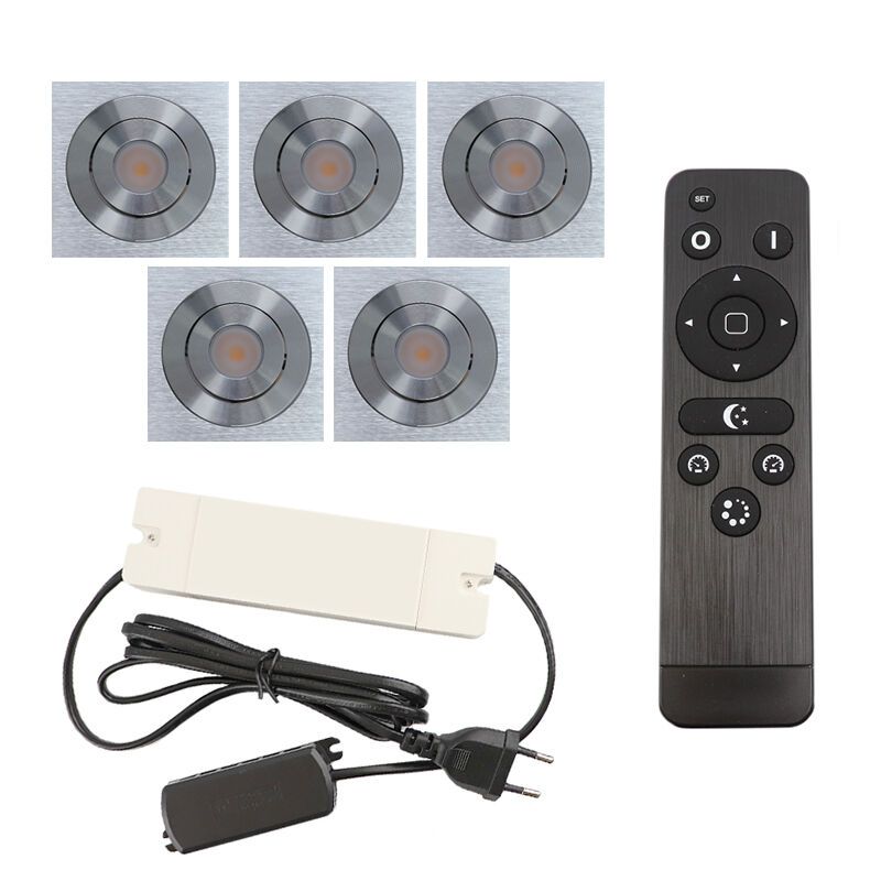 5 kipbar spots til udhæng Rona firkant, IP44, med tilslutningssæt og fjernbetjening, krom