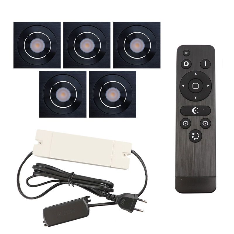 5 kipbar spots til udhæng Rona firkant, IP44, med tilslutningssæt og fjernbetjening, sort