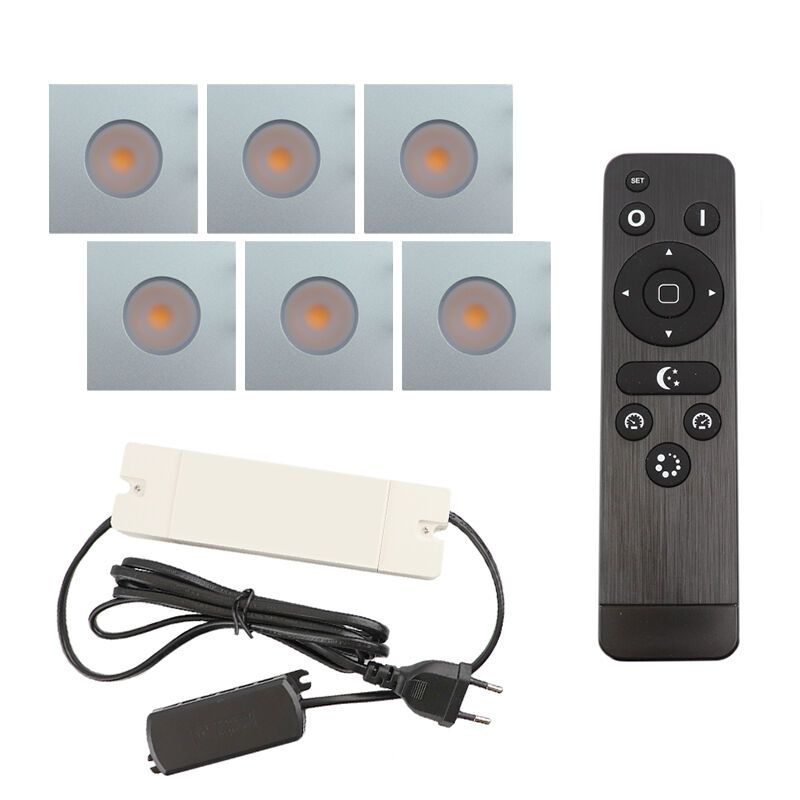 6 firkantede krom spot til udhæng Dico, IP65 med tilslutningssæt og fjernbetjening