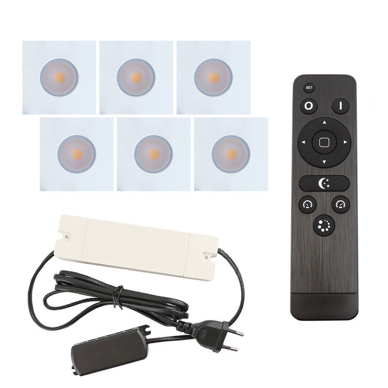 6 firkantede hvide spot til udhæng Dico, IP65 med tilslutningssæt og fjernbetjening