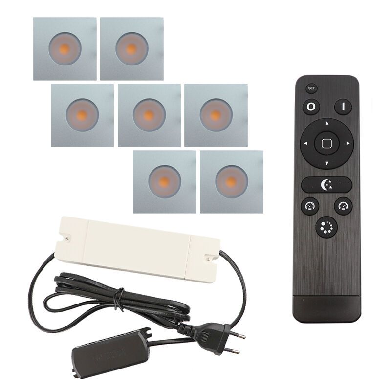 7 firkantede krom spot til udhæng Dico, IP65 med tilslutningssæt og fjernbetjening