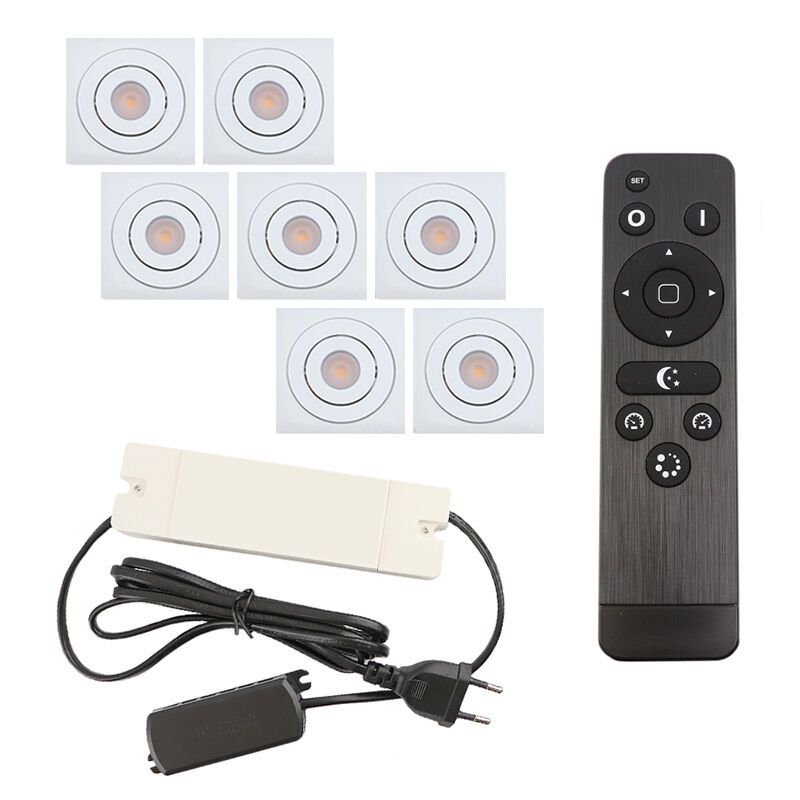 7 kipbar spots til udhæng Rona firkant, IP44, med tilslutningssæt og fjernbetjening, hvid 7 kipbar spots til udhæng Rona firkant, IP44, med tilslutningssæt og fjernbetjening, hvid