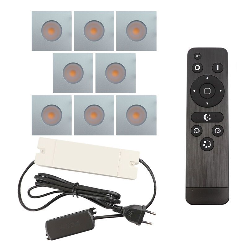 8 firkantede krom spot til udhæng Dico, IP65 med tilslutningssæt og fjernbetjening