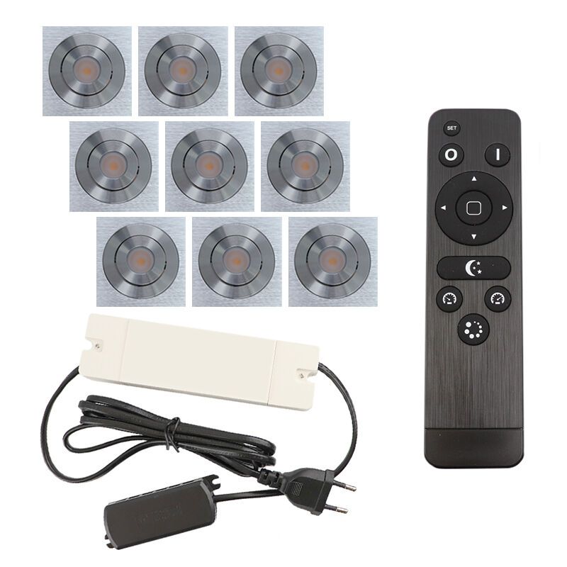 9 kipbar spots til udhæng Rona firkant, IP44, med tilslutningssæt og fjernbetjening, krom