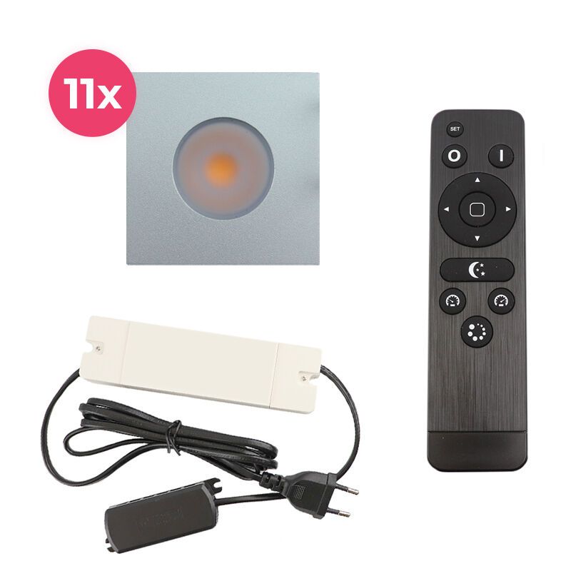 11 firkantede krom spot til udhæng Dico, IP65 med tilslutningssæt og fjernbetjening