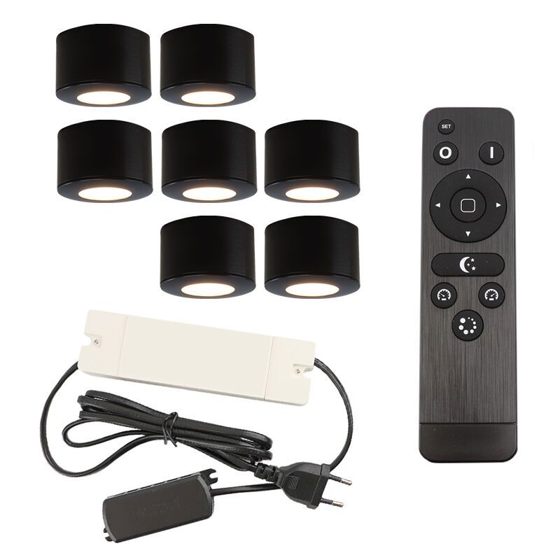 7 runde sorte påbygningsspots veranda Vasso, IP44 med tilslutningssæt og fjernbetjening 7 runde sorte påbygningsspots veranda Vasso, IP44 med tilslutningssæt og fjernbetjening