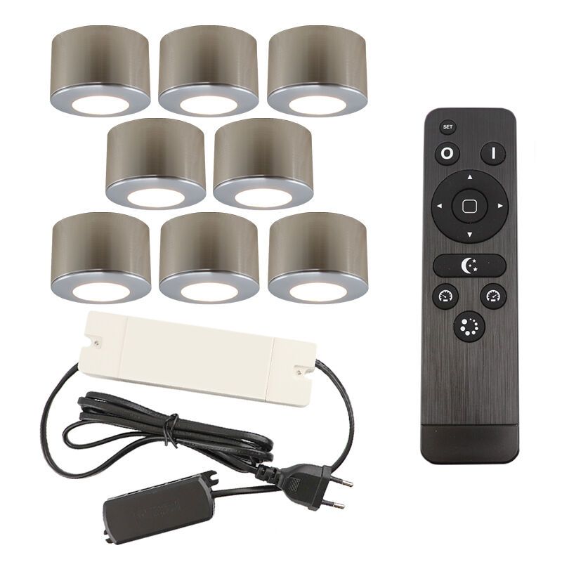 8 runde krom påbygningsspots veranda Vasso, IP44 med tilslutningssæt og fjernbetjening 8 runde krom påbygningsspots veranda Vasso, IP44 med tilslutningssæt og fjernbetjening