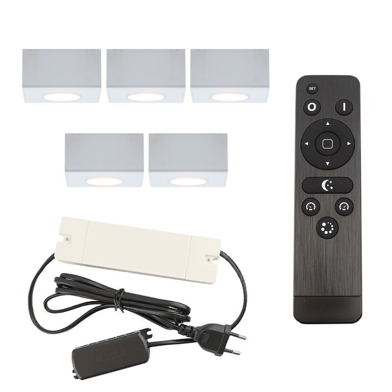 5 firkantede hvide påbygningsspots veranda Fredo, IP44 med tilslutningssæt og fjernbetjening 5 firkantede hvide påbygningsspots veranda Fredo, IP44 med tilslutningssæt og fjernbetjening