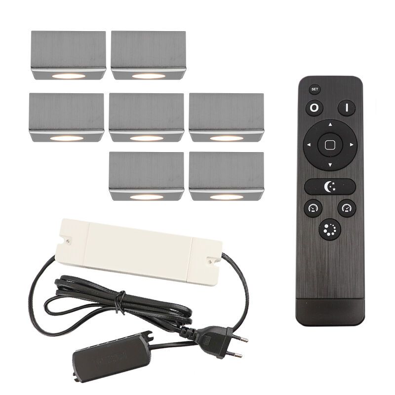 7 firkantede krom påbygningsspots veranda Fredo, IP44 med tilslutningssæt og fjernbetjening