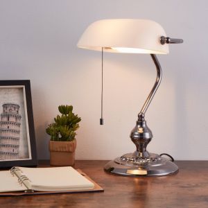 Nikkel klassisk bibliotekslampe stål, Lugco, med dra i brytare