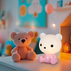 Lyserød bordlampe til børneværelse plast, Lumibear, 0,3W, RGB LED, med brytare