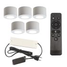 5 runde hvide påbygningsspots veranda Vasso, IP44 med tilslutningssæt og fjernbetjening