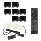 7 runde sorte påbygningsspots veranda Vasso, IP44 med tilslutningssæt og fjernbetjening