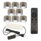 8 runde krom påbygningsspots veranda Vasso, IP44 med tilslutningssæt og fjernbetjening