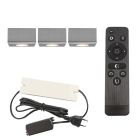 3 firkantede krom påbygningsspots veranda Fredo, IP44 med tilslutningssæt og fjernbetjening