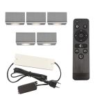 5 firkantede krom påbygningsspots veranda Fredo, IP44 med tilslutningssæt og fjernbetjening