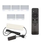 5 firkantede hvide påbygningsspots veranda Fredo, IP44 med tilslutningssæt og fjernbetjening