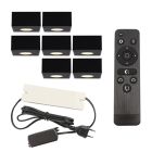 7 firkantede sorte påbygningsspots veranda Fredo, IP44 med tilslutningssæt og fjernbetjening