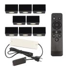 8 firkantede sorte påbygningsspots veranda Fredo, IP44 med tilslutningssæt og fjernbetjening