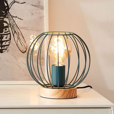 Træ bordlampe blå, Donato, med brytare