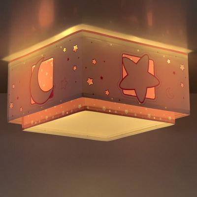 Lyserød loftlampe til børneværelse plast, Moon and stars