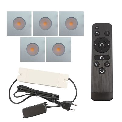 5 firkantede krom spot til udhæng Dico, IP65 med tilslutningssæt og fjernbetjening