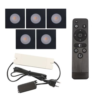 5 firkantede sorte spot til udhæng Dico, IP65 med tilslutningssæt og fjernbetjening