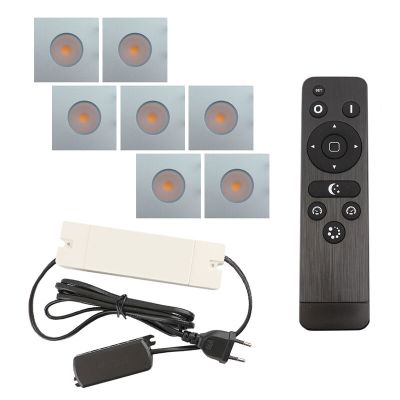 7 firkantede krom spot til udhæng Dico, IP65 med tilslutningssæt og fjernbetjening