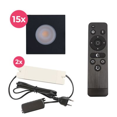 15 firkantede sorte spot til udhæng Dico, IP65 med tilslutningssæt og fjernbetjening