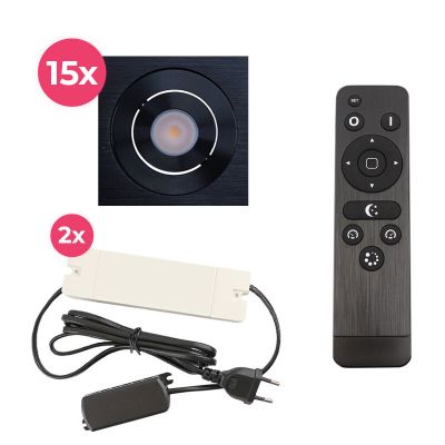 15 kipbar spots til udhæng Rona firkant, IP44, med tilslutningssæt og fjernbetjening, sort