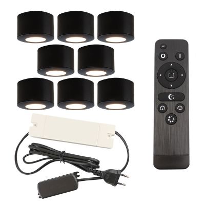 8 runde sorte påbygningsspots veranda Vasso, IP44 med tilslutningssæt og fjernbetjening
