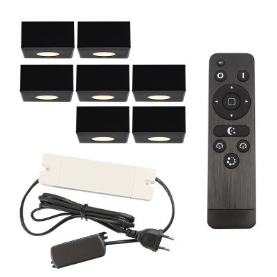 7 firkantede sorte påbygningsspots veranda Fredo, IP44 med tilslutningssæt og fjernbetjening